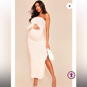 Pretty Little Thing Maternity Stone Luxe Knit One Sleeve Midaxi Dress